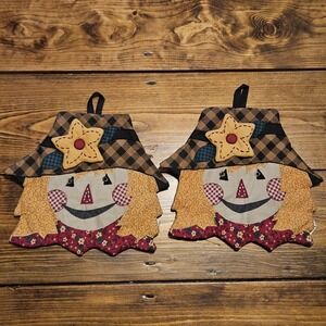 VTG Scarecrow Pot Holders Set of 2 Fall Autumn Farmhouse Kitchen Decor Cotton